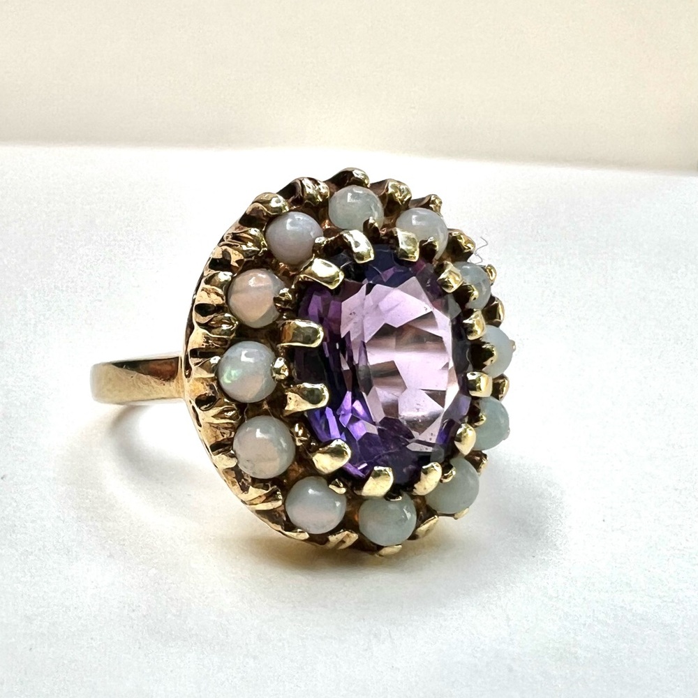 Vintage Amethyst and Seed Opal 10k Gold Ring Size 5.5/6 Estate Hallmarked - Picture 3 of 16